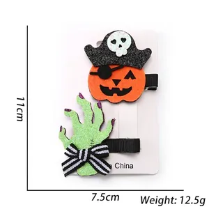 Halloween Hair Clips Set Pumpkin Ghost Hand Black Cat Witch Hat Glitter Felt Hairpins Party Decorations Accessories For Women Kids