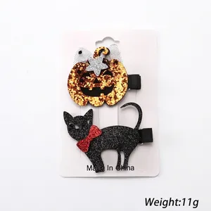 Halloween pumpkin and black cat glitter hair clip set for festive party accessory styling