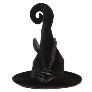 Halloween Black Velvet Witch Hat Goth Costume Party Hat Crooked Peak With Feather And Rose Decoration For Masquerade Role Play