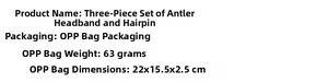 Specifications of 3-piece Reindeer Antler Headband and Clip Set with size and weight details