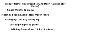 Specifications for Halloween wizard hat hair clips showing weight and material details