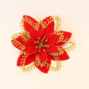 Sparkling red velvet artificial Christmas flower with gold glitter edges for tree decor