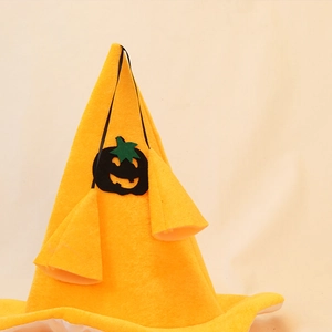 Classic orange Halloween wizard hat with a black pumpkin face decoration and wavy brim