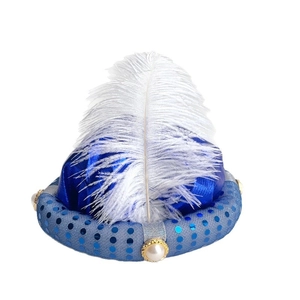 Blue sequin Aladdin costume hat with large white feather for festive party performances