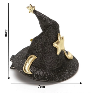 Halloween wizard hat hair clip with black glitter finish and gold star moon accents