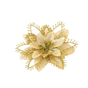 Golden artificial Christmas flower with silk petals and glitter for holiday tree decor