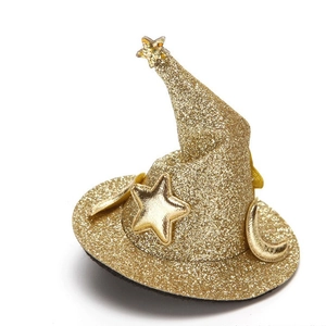 Sparkly gold wizard hat hair clip with glitter stars and moon for Halloween decor