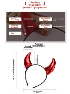 Detailed dimensions of red devil horn headband with soft plush fabric and plastic base