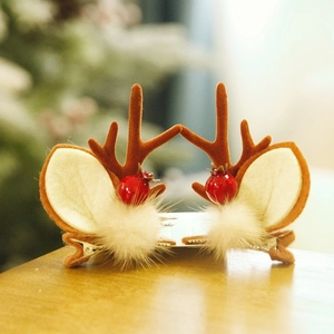 Christmas reindeer antler hair clips with red berries and white pompom holiday hair set