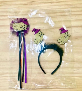 Halloween headband and fairy wand set with gold glitter ghost, purple mesh, and feathers