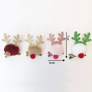 Christmas Reindeer Antler Pom Pom Hair Clips Set Plush Sequin Metal Duckbill Clips Holiday Party Hair Accessories Festive Decoration