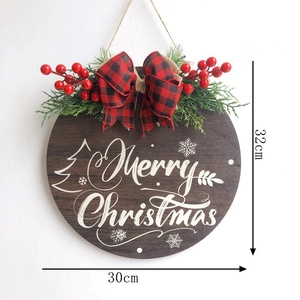 Christmas Round Wood Welcome Sign Merry Christmas Door Hanger With Buffalo Plaid Bow Pine Needles Berry Holiday Wall Decor