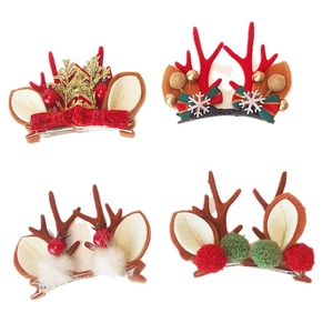 Lot de 4 barrettes de Noël avec bois de cerf, feuilles pailletées et nœuds rouges festifs