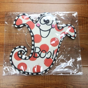 Halloween ghost wooden hanging sign with red polka dots and Boo! text for festive decor