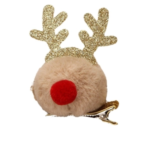 Cute reindeer hair clip with brown plush ball, red nose, and golden glitter antlers