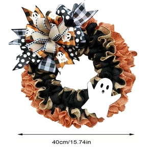 Halloween wreath with orange and black ribbons, ghost pattern bows, and boo text design