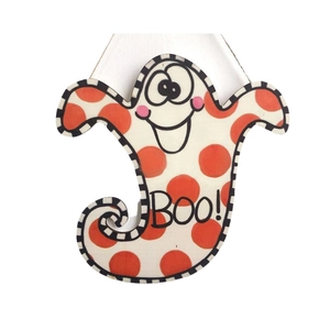 Halloween ghost wood hanging sign with orange polka dots and Boo text decor