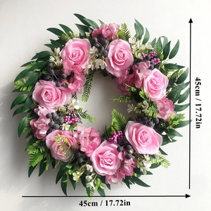 Artificial pink rose wreath with purple berries and green leaves, 45cm diameter size