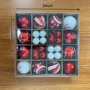 Flat lay of a 16-pack Christmas ball set in a 24cm kraft box with red and white snowflake patterns