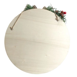 Christmas round wooden welcome sign with artificial pine needles, berries and jute rope