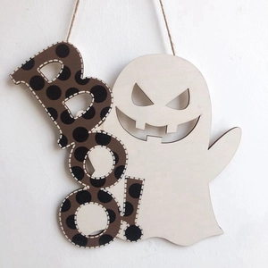 Panneau Suspendu en Bois Halloween Fantôme BOO Décoration de Fantôme en Bois Style Américain pour Fête d'Halloween Maison Hantée