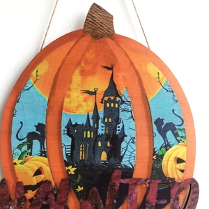 Halloween pumpkin wooden hanging sign with castle and black cat motifs for window decor