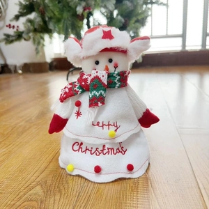 Detail of soft plush snowman figure with Merry Christmas embroidery and red hat