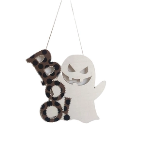 Décoration d'Halloween en bois avec fantôme blanc et texte Boo à suspendre au mur
