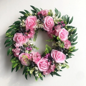 Artificial Rose Wreath With Purple Berries Hydrangea And Green Leaves For Front Door Wedding Party Home Decoration Garland