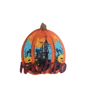 Halloween pumpkin wooden wall sign with a black haunted castle and spooky cat motif