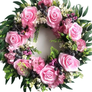 45cm artificial wreath featuring pink roses, hydrangeas and dark purple berries decor