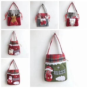 Christmas gift bags with Santa and Snowman plush designs in various festive colors