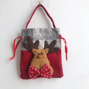 Christmas reindeer drawstring gift bag with red and grey felt design and fabric handles
