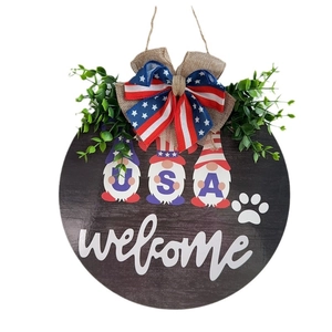 Patriotic USA gnome welcome round wooden door sign with burlap bow and greenery decor