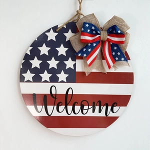 Independence Day Round Welcome Sign USA Flag Stars Stripes Patriotic Door Hanging Decor With Burlap Bow 4th Of July Wall Ornament