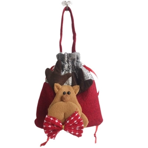 Christmas felt drawstring gift bag featuring a 3D plush reindeer with red snowflake bow