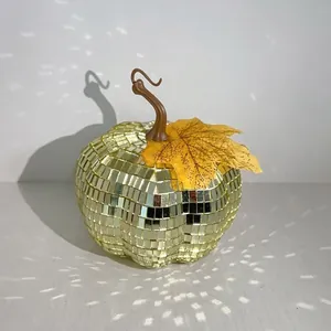 Golden disco mirror ball pumpkin with maple leaf for Halloween and party decorations