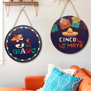 Mexican Cinco De Mayo Round Wooden Hanging Sign Festive Party Decorations Sombrero Piñata Chili Pattern Door Wall Decor