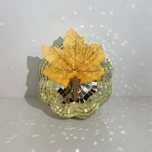 Sparkling gold mosaic glass pumpkin with mirror tiles and autumn leaf for festive party decor