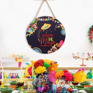 Round Cinco de Mayo wooden sign with Mexican festive patterns for party wall hanging decor