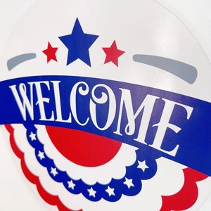 Plaque de bienvenue ronde en bois thème drapeau USA pour décoration de porte rouge blanc bleu