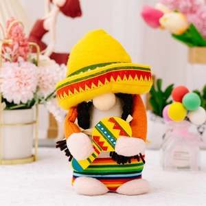 Colorful Mexican Fiesta Gnome plush with yellow sombrero and maraca for party decoration