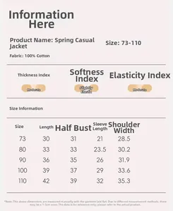 Size chart for baby boy spring cotton jacket with detailed length and chest measurements