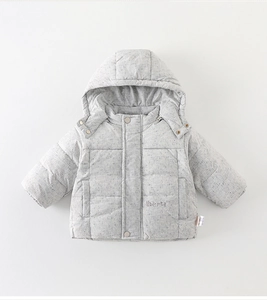 Detailed view of grey hooded baby down jacket with liberta embroidery and snap buttons