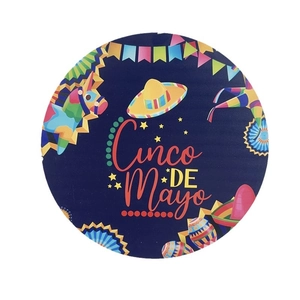 Cinco de Mayo round party hanging sign with festive Mexican sombrero and pinata designs