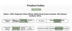 Detailed technical index of baby down jacket showing 90% white duck down filling