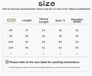 Detailed size chart for baby winter down jacket including length, sleeves, and chest info