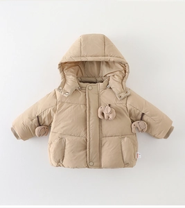 Detailed close-up of a baby winter jacket featuring cute 3D stuffed elephant ornaments
