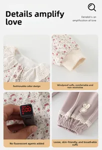 Detail of floral toddler set featuring lace collar, ribbed cuffs and rabbit patch decor