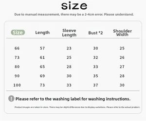 Size chart for baby winter down jumpsuit with length, sleeve, and bust measurements